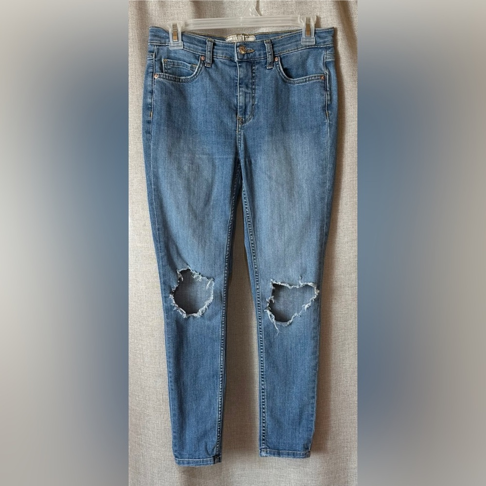 Free People•distressed skinny jeans jeggings•women’s 27•cotton•mid-rise•blue